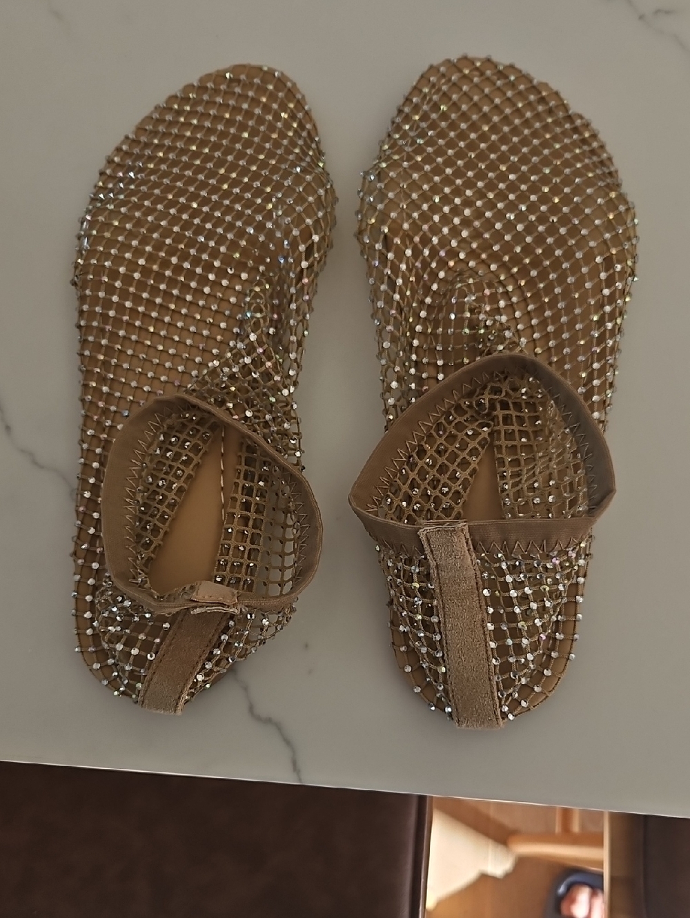 Embellished Crystal Mesh Sandals in Gold